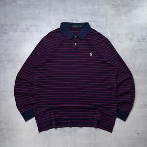 Y2K Navy Polo Ralph Lauren Grunge Striped Rugby Long Sleeve Polo Shirt